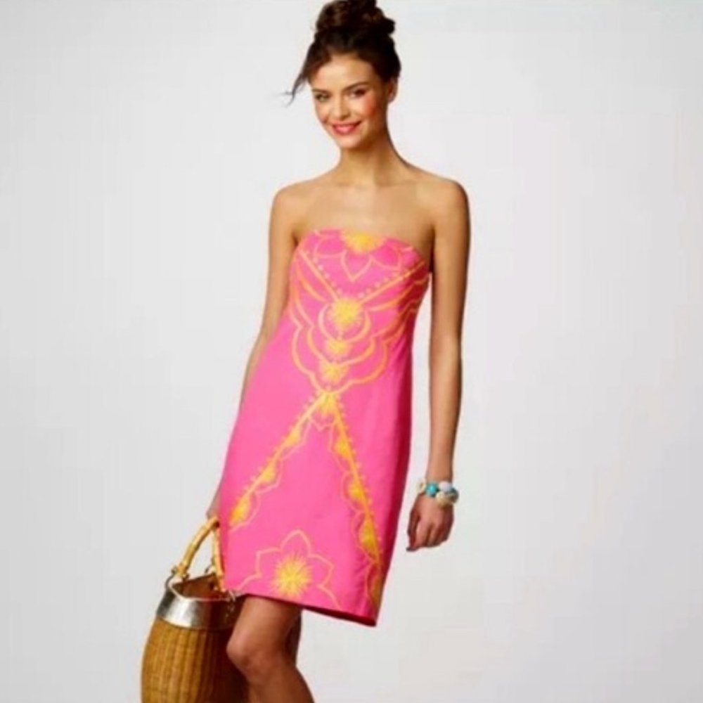 Lilly Pulitzer Embroidered Bumble Bee Strapless Vibrant Lined Dress 4